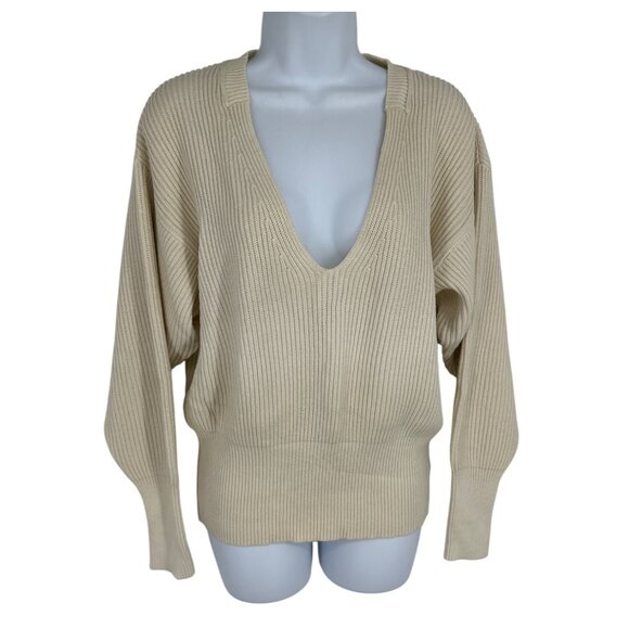 Free People Womens Oversized Deep V-Neck Long Sleeve Ribbed Knit Sweater XS - Picture 1 of 8